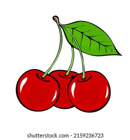 Ripe cherry. Three red berries with a leaf close up. Sweet tasty berry for dessert. Healthy food. Vector art illustration isolated on white background. Outline hand drawn style 