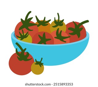 Tomates cereja madura em um ícone de tigela. Vegetais alimentos orgânicos e frescos saudáveis. Design isolado. Ilustração vetorial