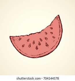 Ripe Citrullus lanatus fruitful lobe on white backdrop. Freehand linear black ink hand drawn picture logo sketchy in art retro scribble contour style pen on paper. View closeup with space for text