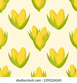 ripe cobs of sweet corn with green leaves, seamless vector pattern background