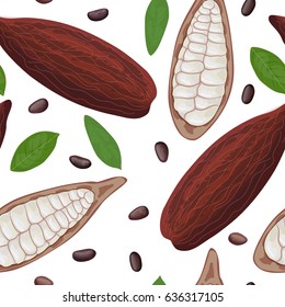 Ripe Cocoa fruit seamless pattern vector. Pod and beans. Whole and half. Chocolate color. Close up. For cooking, cosmetics, medicine, health care, ointments, perfumery, decoration textile