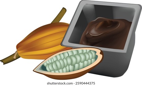 Ripe cocoa pod, opened pod revealing seeds, and chocolate cream filling a gray plastic container