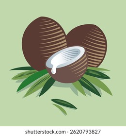 Ripe coconut and leaves engraving-style illustration. Coconuts and half of coconut and leaves. Engraving style.