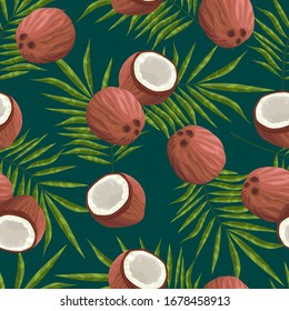 Ripe coconut. Tropical fruit. Nut from the jungle. Open coconut with white juicy pulp. Closed whole coconut. Leaf of a palm tree growing in a green tropical forest. Seamless background with pattern.