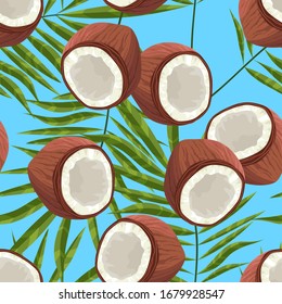 Coco maduro. Fruta tropical. Nueces de la jungla. Coco abierto con pulpa de jugo blanco. Hoja de una palmera que crece en un bosque tropical verde. Fondo transparente con patrón.