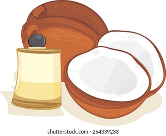 Ripe coconuts and coconut oil. Vector