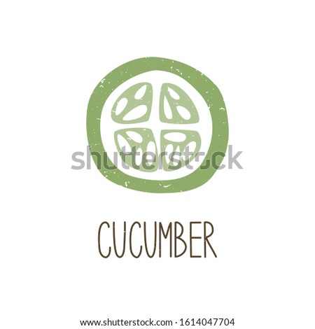 Ripe colored caption cucumber slice isolated on transparent background. Colorful pictogram original design. Can be used for infographics, identity or decoration. Vector hand drawn illustration