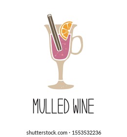 Ripe colored caption Glass of mulled wine isolated on transparent background. Cozy pictogram original design. Vector hand drawn illustration