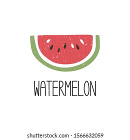 Ripe colored caption slice of watermelon isolated on transparent background. Colorful pictogram original design. Can be used for infographics, identity or decoration. Vector hand drawn illustration