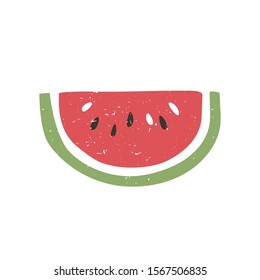 Ripe colored slice of watermelon isolated on transparent background. Colorful pictogram original design. Can be used for infographics, identity or decoration. Vector hand drawn illustration