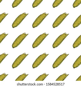Ripe corn cob with leaves.  Seamless pattern. hand drawn vector illustration.   doodles or cartoon style.
