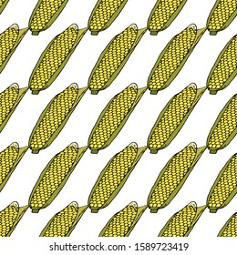 Ripe corn cob with leaves.  Seamless pattern. hand drawn vector illustration.   doodles or cartoon style.
