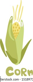 Ripe corn on the cob. Green and yellow image isolated on white background. Drawing simple flat design clipart handdrawn element