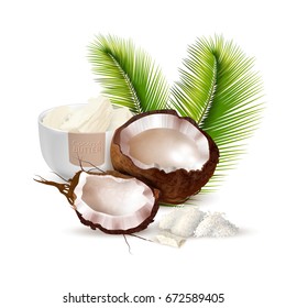 Ripe cracked coconut palm leaves and bowl of butter on white background realistic vector illustration