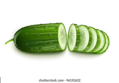 ripe cucumber cut segment vector illustration isolated on white background EPS10. Transparent objects used for shadows and lights drawing