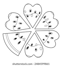 Ripe cut segmented watermelon top view, heart-shaped pieces Hand drawn doodle style coloring page isolated organic natural dessert, healthy sweet juicy Sliced melon summer fruit. Vector illustration