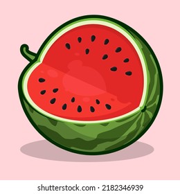 Ripe cut watermelon. Autumn harvesting. Watermelon icon with thick stroke. Cartoon vector on colored background
