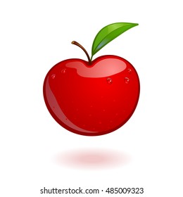 The ripe delicious red apple with a green leaf and drops of dew on a white background. It can be use like a basic element of design for vegetarian restaurant menu or diet program for Vegans.