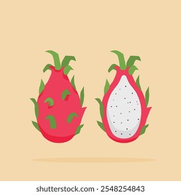  ripe dragon fruit with red color, tropical fruit slice suitable for poster and web icon