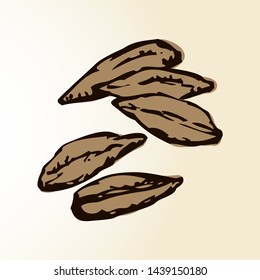 Ripe dry small pearl herb group on light backdrop. Freehand outline black ink hand drawn raw peel shell husk logo emblem in vintage art doodle cartoon style on paper space for text. Closeup macro view