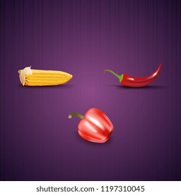 Ripe ear of corn, bell peppers and chili peppers. Realistic vector icons.