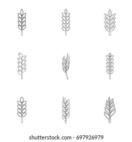 Ripe ears icon set. Outline style set of 9 ripe ears vector icons for web isolated on white background