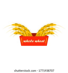 Ripe ears of wheat in a box with the inscription whole wheat. Vector illustration.