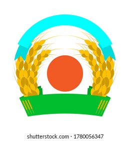 Ripe ears of wheat with a green and blue ribbon and the sun. Vector illustration on white background. Template for awards, labels and other ideas.