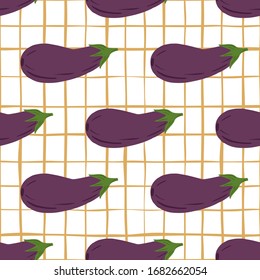 Ripe eggplants seamless pattern on stripes background.Violet aubergines wallpaper. Design for fabric, textile print, wrapping paper, textile, cover. Vector illustration