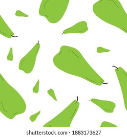 Ripe elongated green pears in seamless pattern on white. Simple and flat hand drawn design. Suits for wrapping, packaging, boxing. Great as background, banner or fabric.