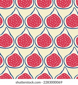 Ripe fig fruit hand drawn vector illustration in flat style. Colorful summer seamless pattern fabric or wallpaper.