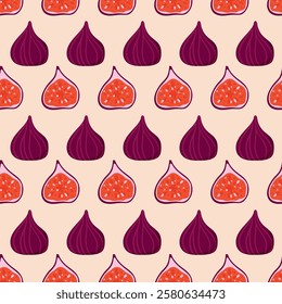 Ripe Fig Simple Seamless Pattern. Whole and Halved Figs in a Minimalist Hand Drawn Style on a Light Background. Perfect for Textile, Wrapping Paper, and Kitchen Decor