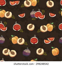 Ripe figs and peach fruits on a dark background - vector seamless pattern