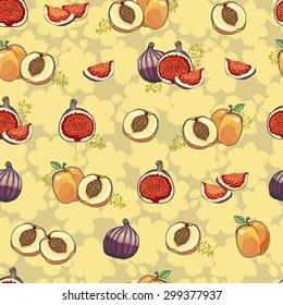 Ripe figs and peach fruits on a floral background - vector seamless pattern