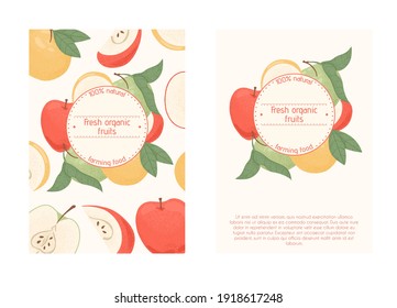 Ripe fresh apples card design. Sweet apple fruits vector hand drawn banner concept. Bright tasty fruit. Juice or jam poster template.