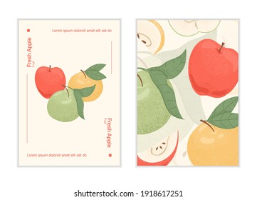 Ripe fresh apples card design. Sweet apple fruits vector hand drawn banner concept. Bright tasty fruit. Juice or jam poster template.