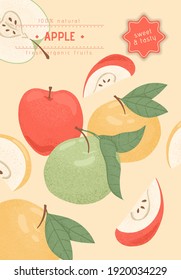 Ripe fresh apples card design. Sweet apple fruits vector hand drawn banner concept. Bright tasty fruit. Juice or jam poster template.