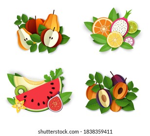 Ripe fresh fruit and berries composition set, vector isolated illustration. Paper cut craft style apple, pear, apricot, plum, melon, watermelon, citrus and tropical fruits. Packaging labels, stickers.