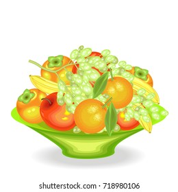 Ripe fresh fruit on a platter. Delicious juicy bananas, persimmons, oranges, apples, grapes. The source of vitamins and trace elements. Vector illustration.