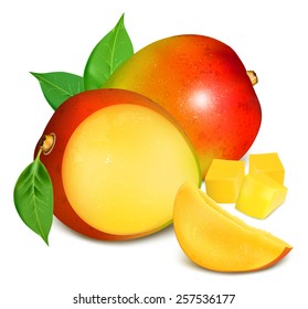 Ripe fresh mango with slices and leaves. Vector illustration