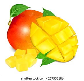 Ripe fresh mango with slices and leaves. Vector illustration