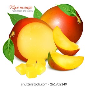 Reife frische Mango mit Scheiben und Blättern. Vektorgrafik