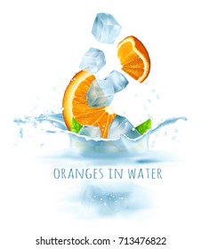 Ripe fresh oranges and ice cubes falling to water. Vector illustration.