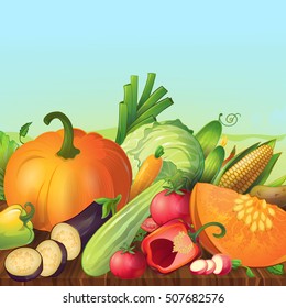 Ripe fresh and organic cartoon vegetable symbols outdoor composition with evening sky and wooden table vector illustration