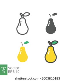 Ripe and fresh pear fruit with single leaf silhouette flat line color design for food apps and website. Organic Fruit, vegan, vegetarian icon. Vector illustration. Design on white background. EPS10