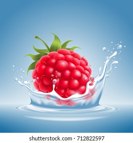 Ripe fresh raspberry with water splash on blue background. Vector illustration.