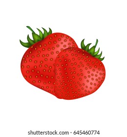 Ripe fresh red strawberries isolated on white. Summer sweet healthy fruit with outside seeds. Vector colorful illustration in flat style with two whole strawberries full of vitamins and minerals