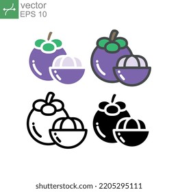 Ripe and fresh round mangosteen and slice fruit single silhouette flat outline color for food apps and website. Organic Fruit vegan, vegetarian icon Vector illustration Design white background EPS10