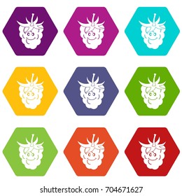 Ripe fresh smiling raspberry icon set many color hexahedron isolated on white vector illustration