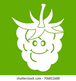 Ripe fresh smiling raspberry icon white isolated on green background. Vector illustration